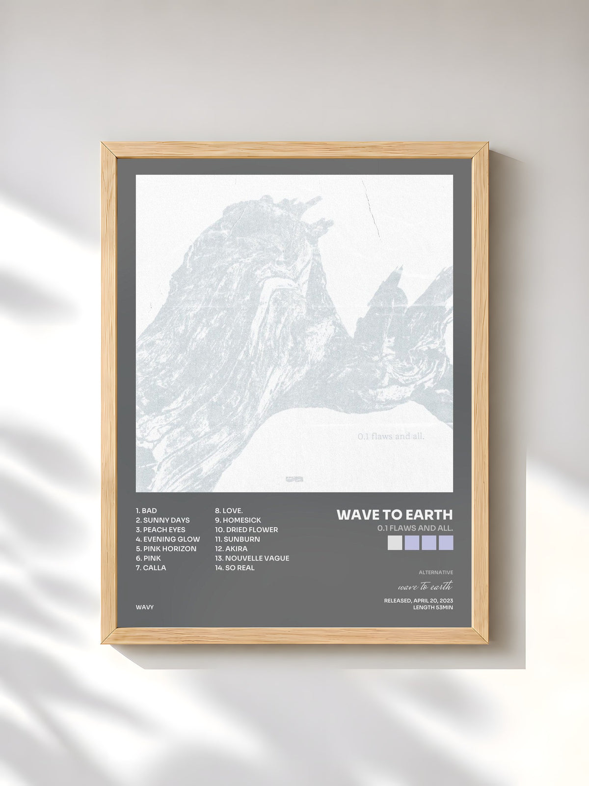 #bois Tableau de l'album 0.1 flaws and all. de wave to earth, cadre en bois brut, imprimé et encadré en France