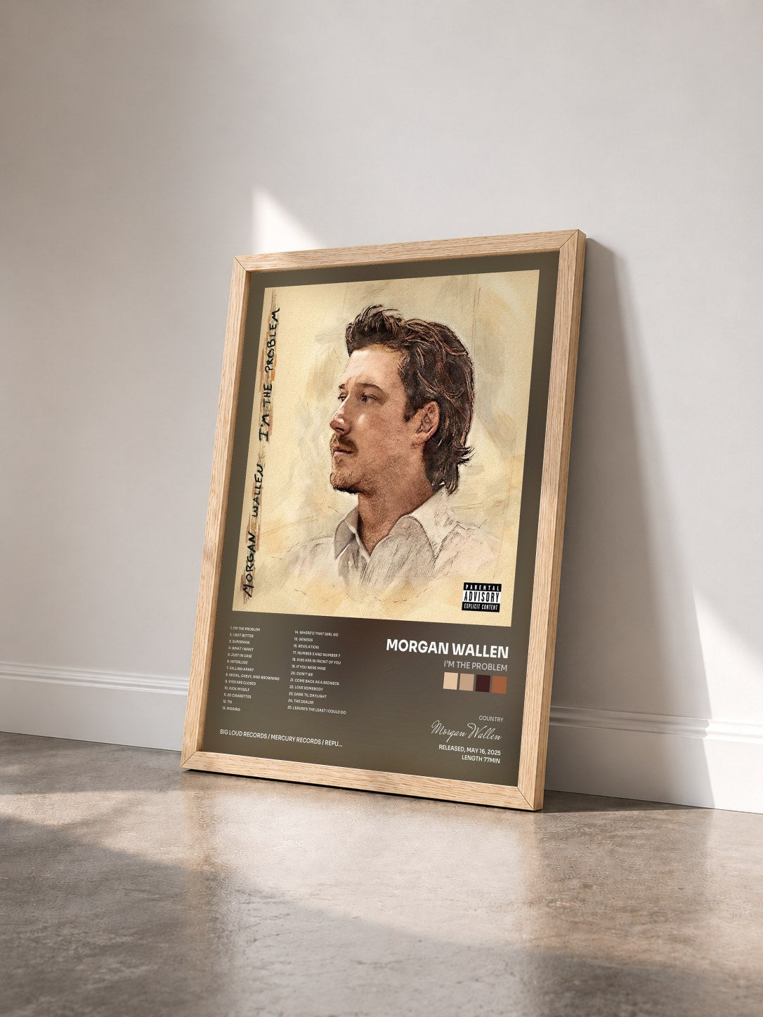 #bois Tableau de l'album I’m The Problem de Morgan Wallen vu de trois quarts, cadre en bois brut