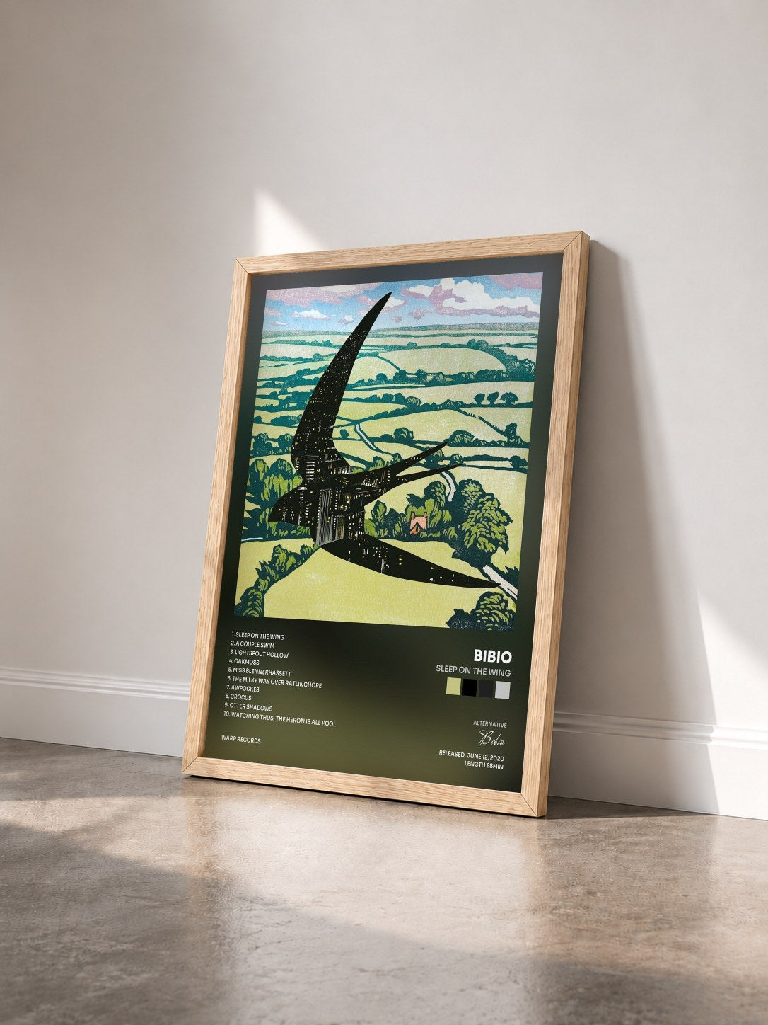 #bois Tableau de l'album Sleep On The Wing de Bibio vu de trois quarts, cadre en bois brut
