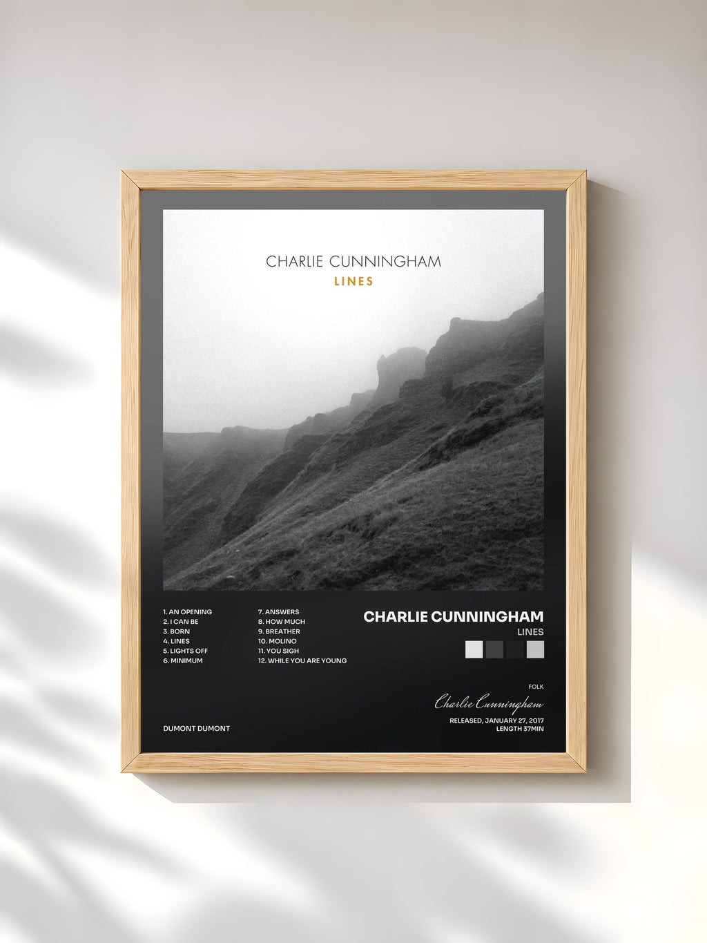 #bois Tableau de l'album Lines de Charlie Cunningham, cadre en bois brut, imprimé et encadré en France