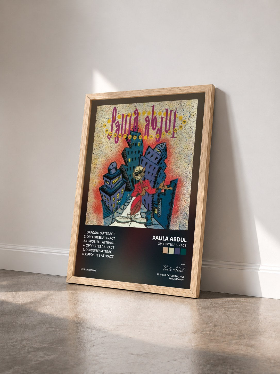 #bois Tableau de l'album Opposites Attract de Paula Abdul vu de trois quarts, cadre en bois brut
