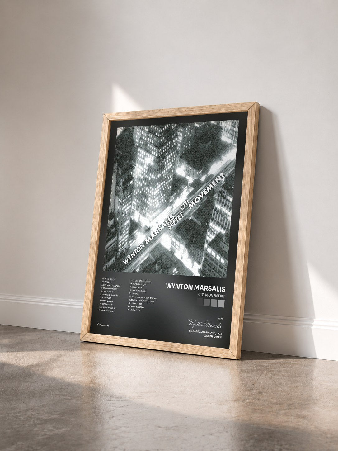 #bois Tableau de l'album Citi Movement de Wynton Marsalis vu de trois quarts, cadre en bois brut
