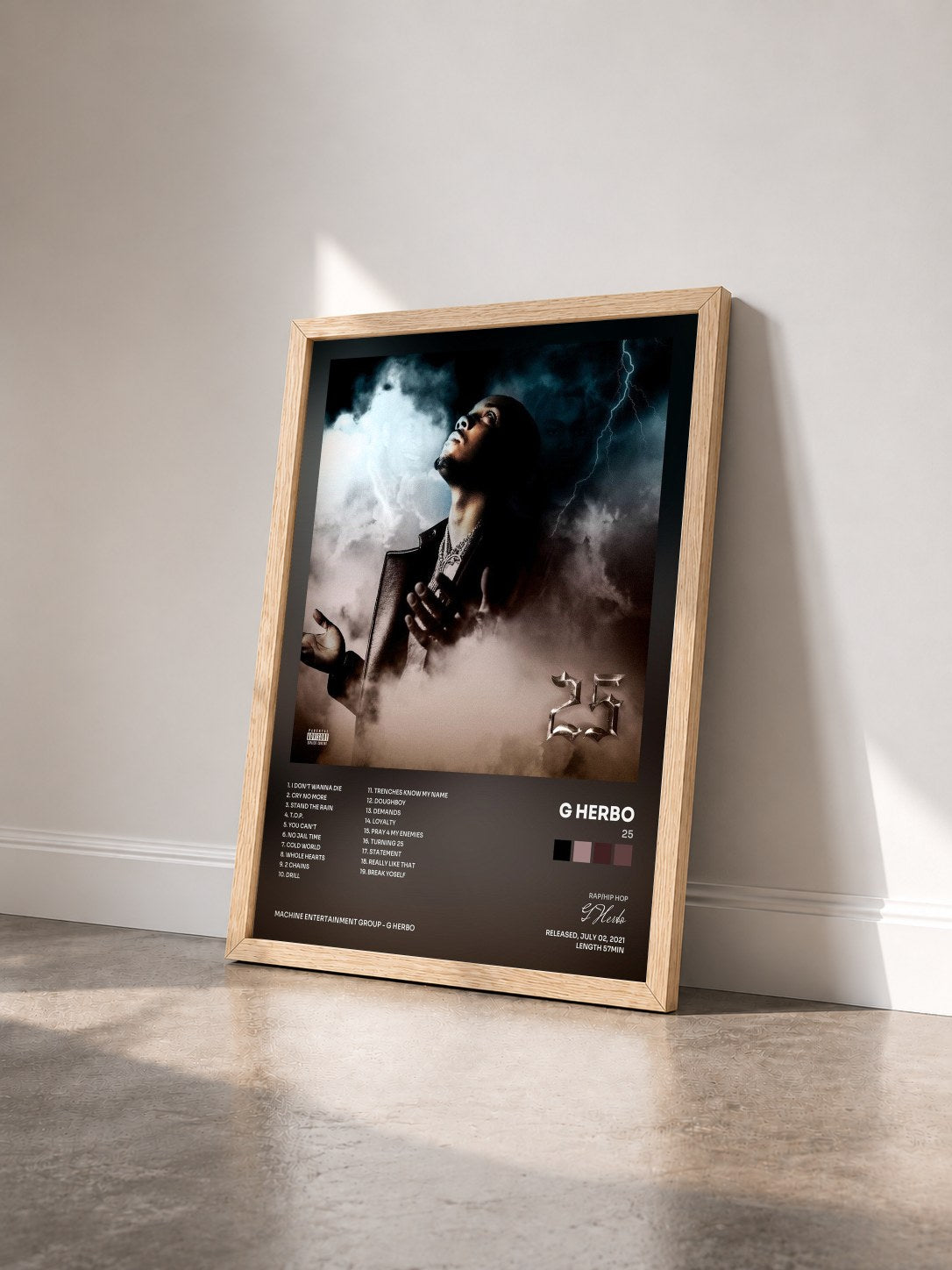 #bois Tableau de l'album 25 de G Herbo vu de trois quarts, cadre en bois brut