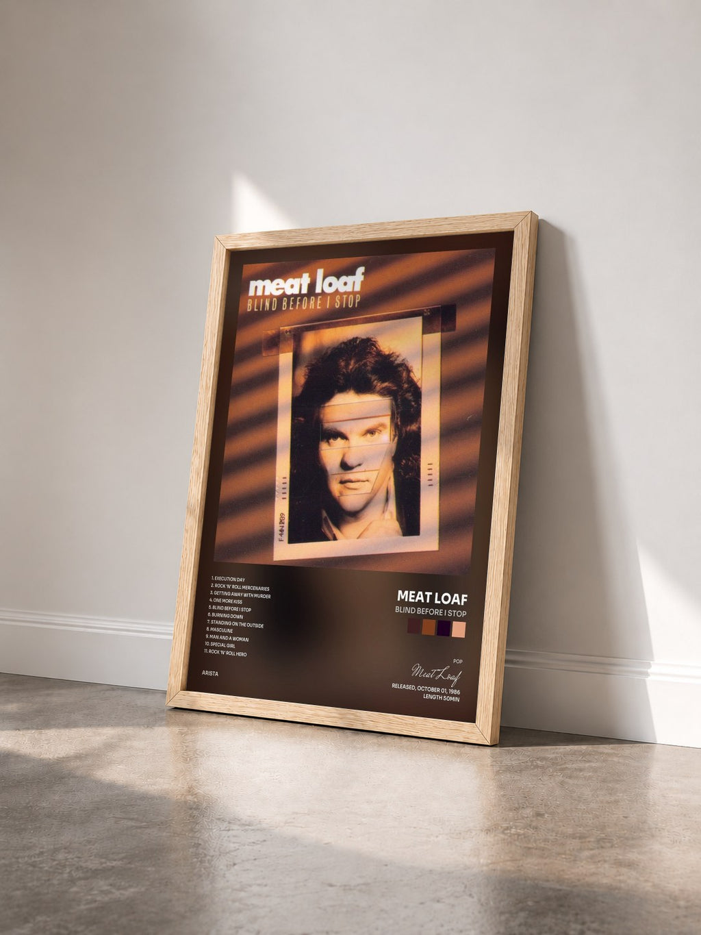 #bois Tableau de l'album Blind Before I Stop de Meat Loaf vu de trois quarts, cadre en bois brut