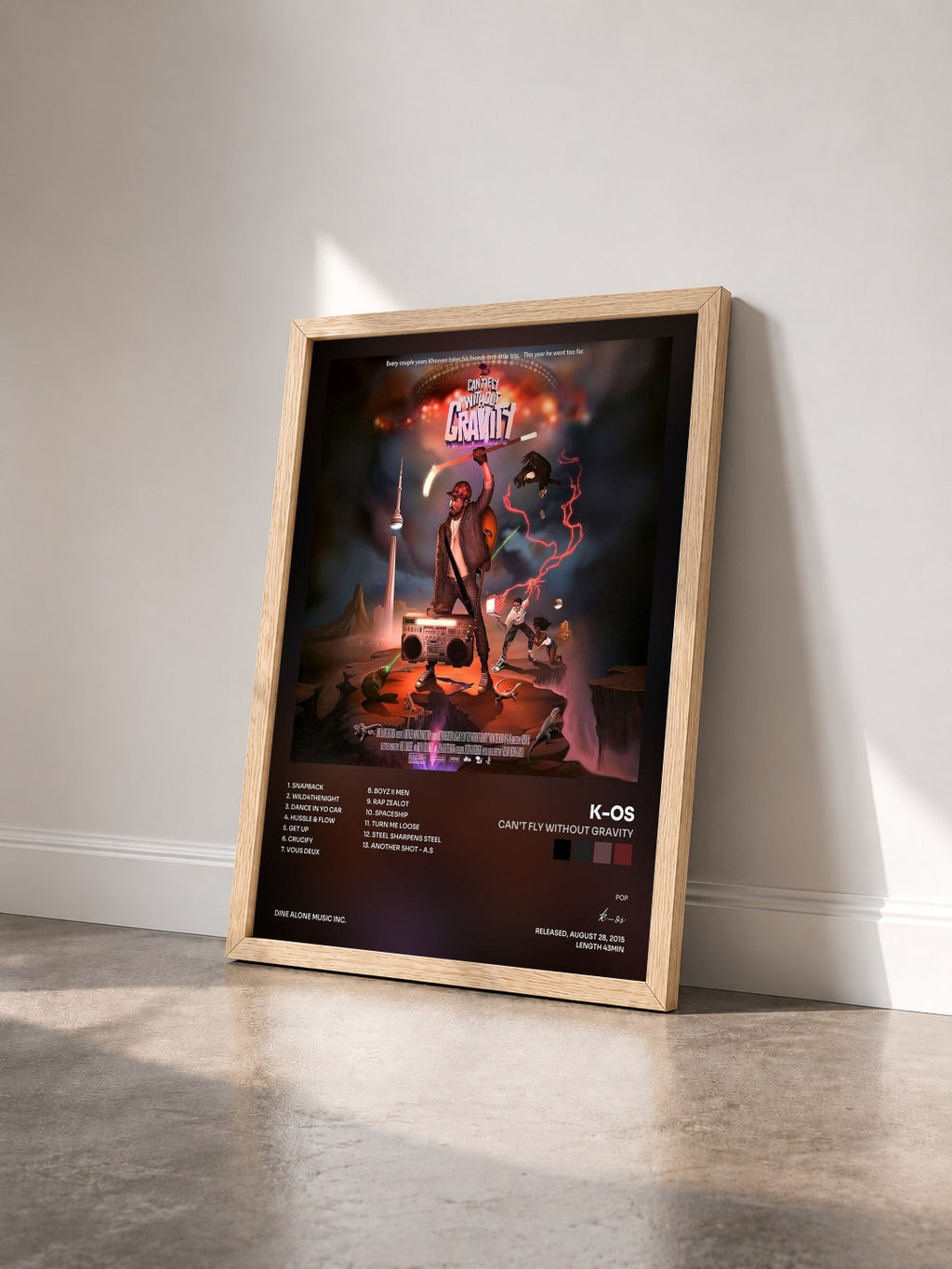 #bois Tableau de l'album Can't Fly Without Gravity de k-os vu de trois quarts, cadre en bois brut