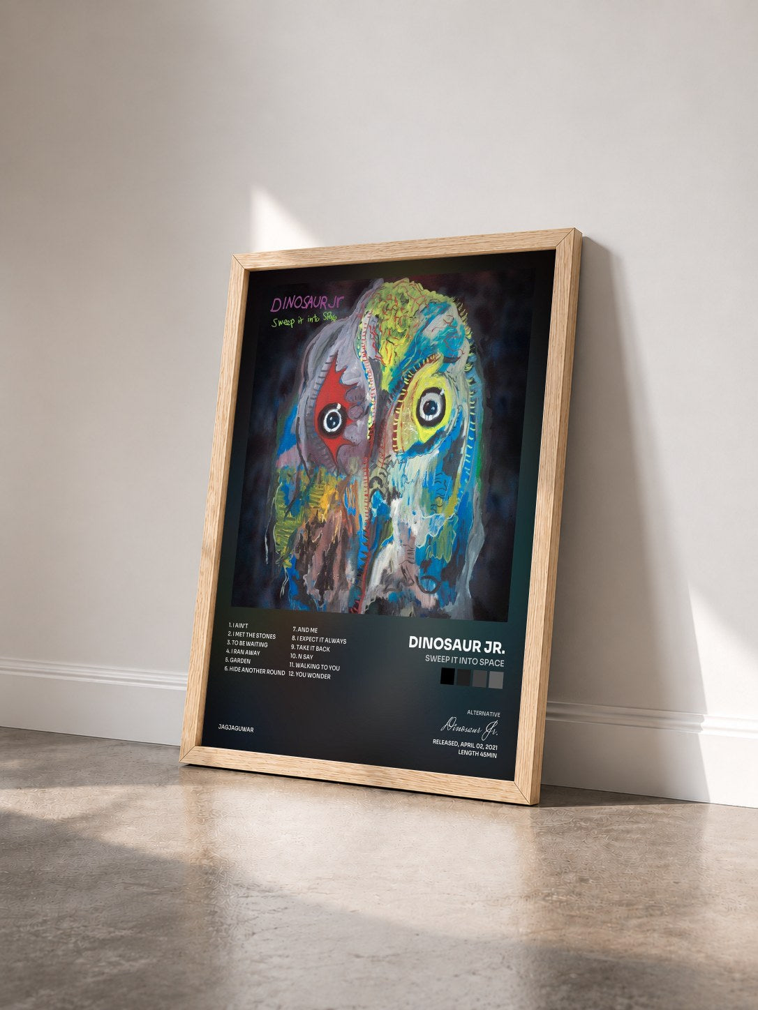 #bois Tableau de l'album Sweep It Into Space de Dinosaur Jr. vu de trois quarts, cadre en bois brut