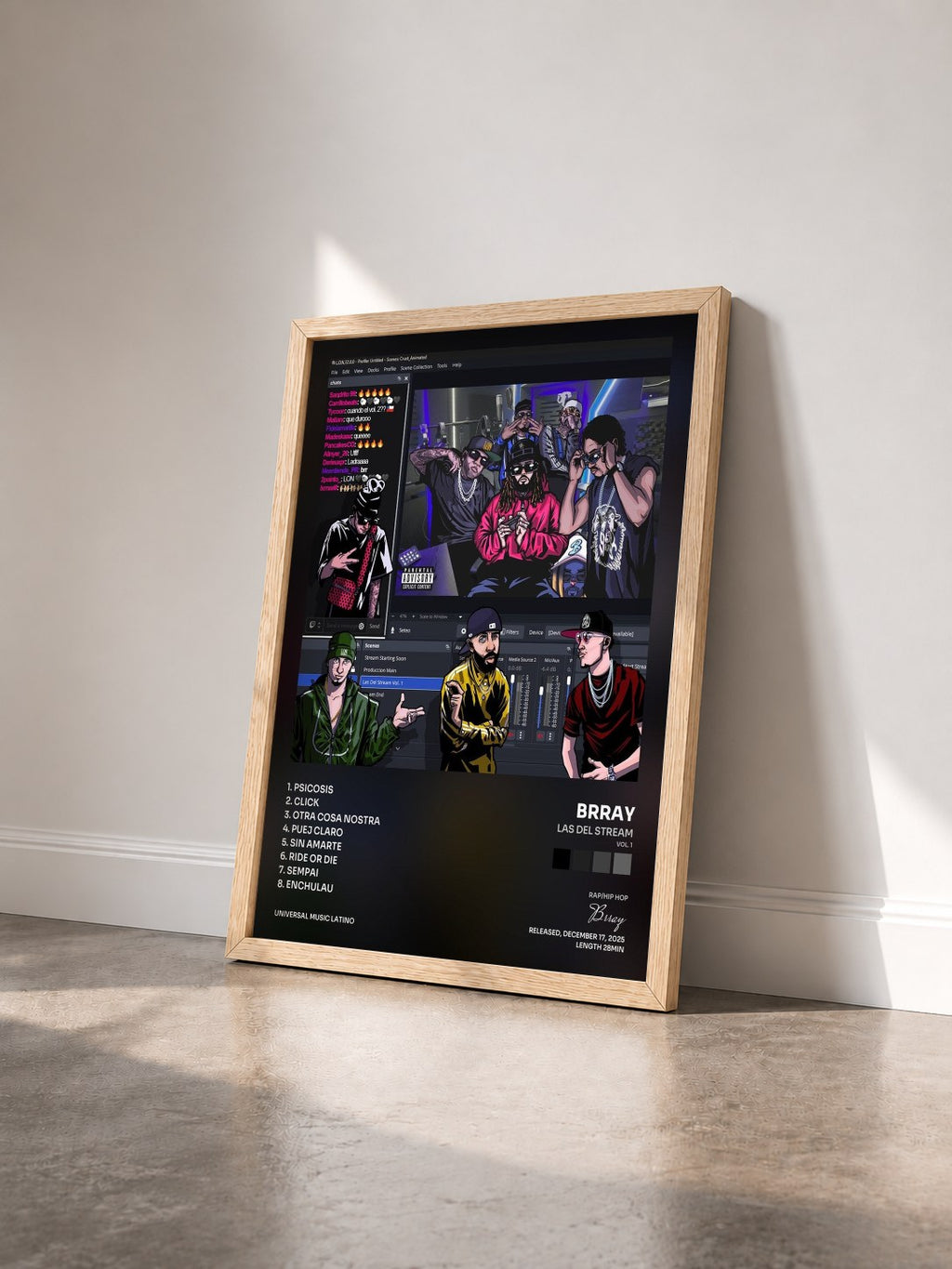 #bois Tableau de l'album Las Del Stream (Vol. 1) de Brray vu de trois quarts, cadre en bois brut