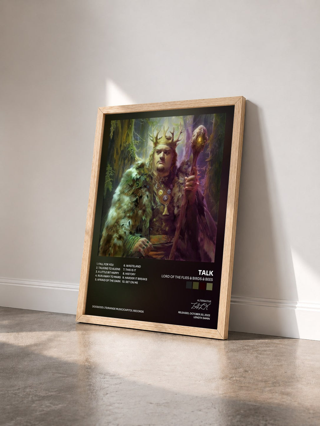 #bois Tableau de l'album Lord of the Flies & Birds & Bees de TALK vu de trois quarts, cadre en bois brut