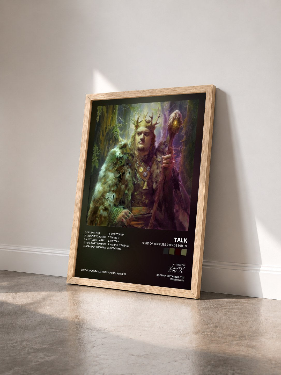 #bois Tableau de l'album Lord of the Flies & Birds & Bees de TALK vu de trois quarts, cadre en bois brut