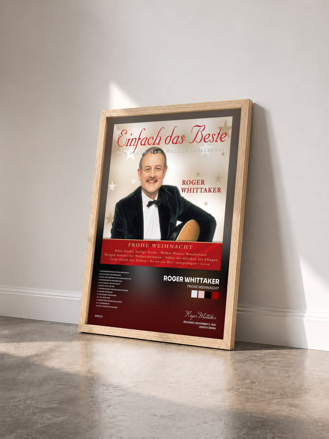 #bois Tableau de l'album Frohe Weihnacht de Roger Whittaker vu de trois quarts, cadre en bois brut