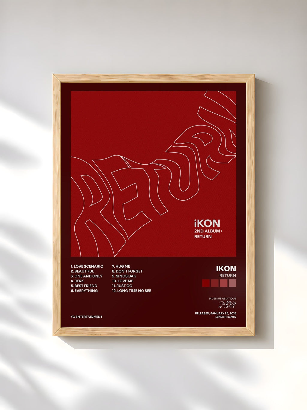 #bois Tableau de l'album Return de iKON, cadre en bois brut, imprimé et encadré en France
