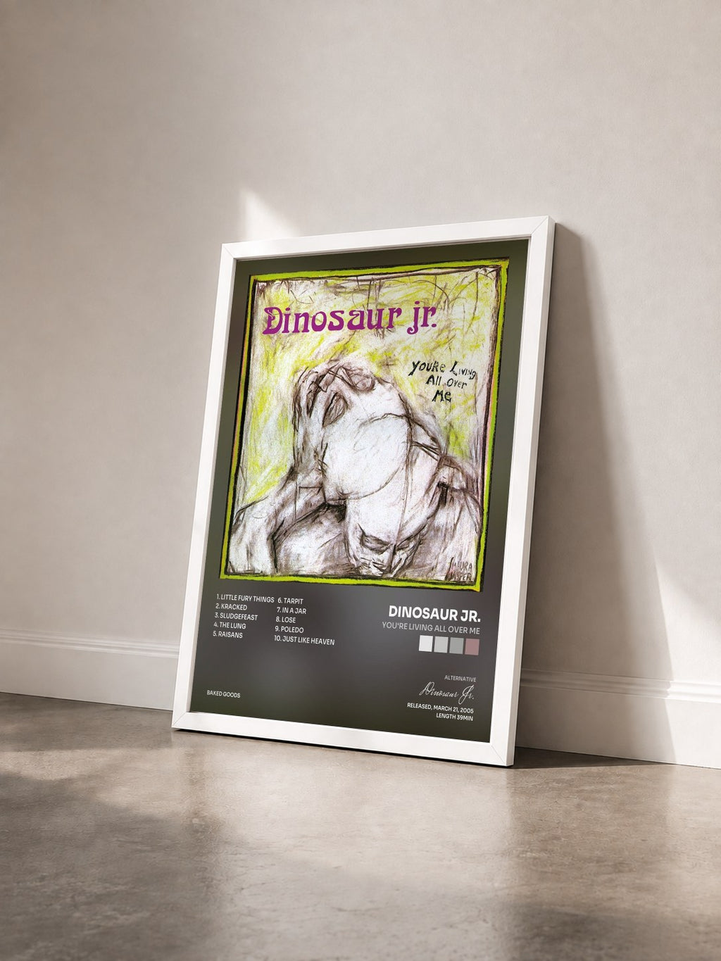 #blanc Tableau de l'album You're Living All Over Me de Dinosaur Jr. vu de trois quarts, cadre blanc