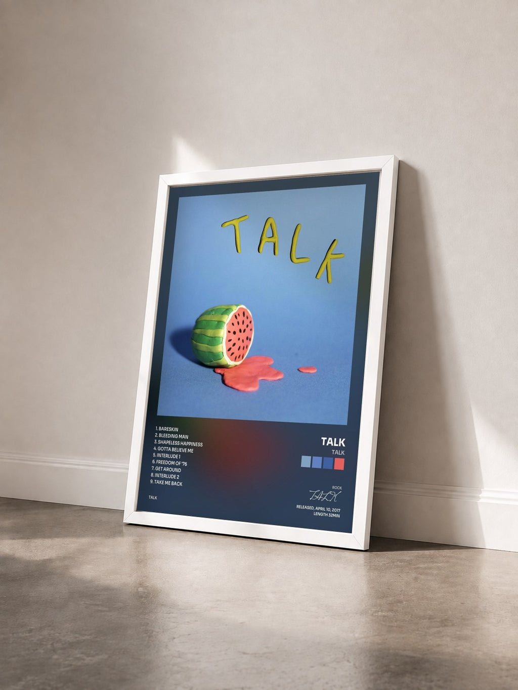 #blanc Tableau de l'album TALK de TALK vu de trois quarts, cadre blanc
