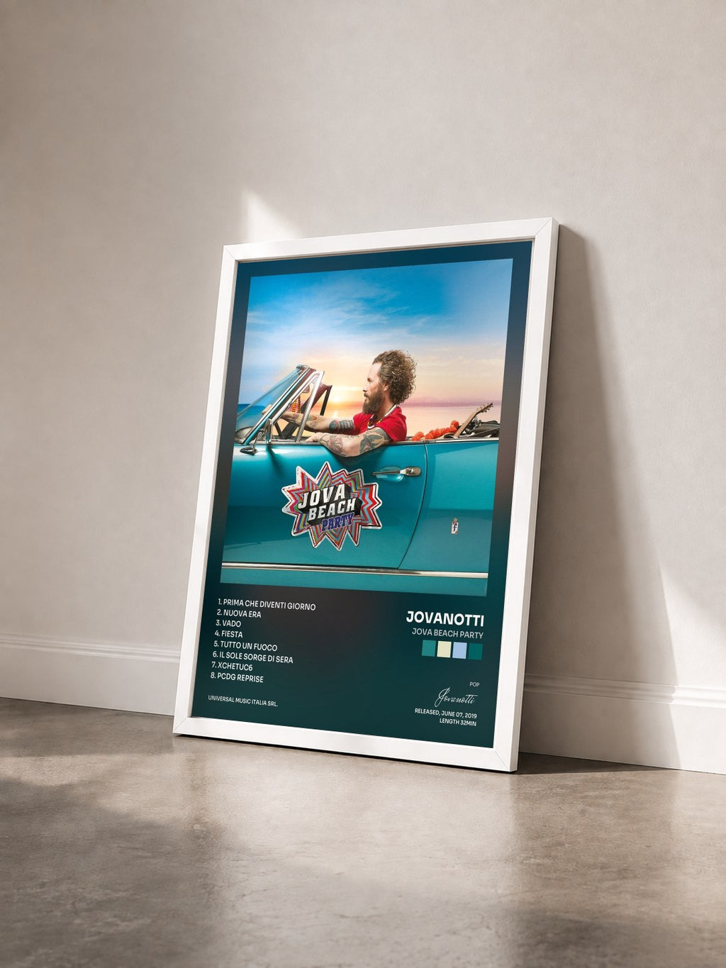 #blanc Tableau de l'album Jova Beach Party de Jovanotti vu de trois quarts, cadre blanc