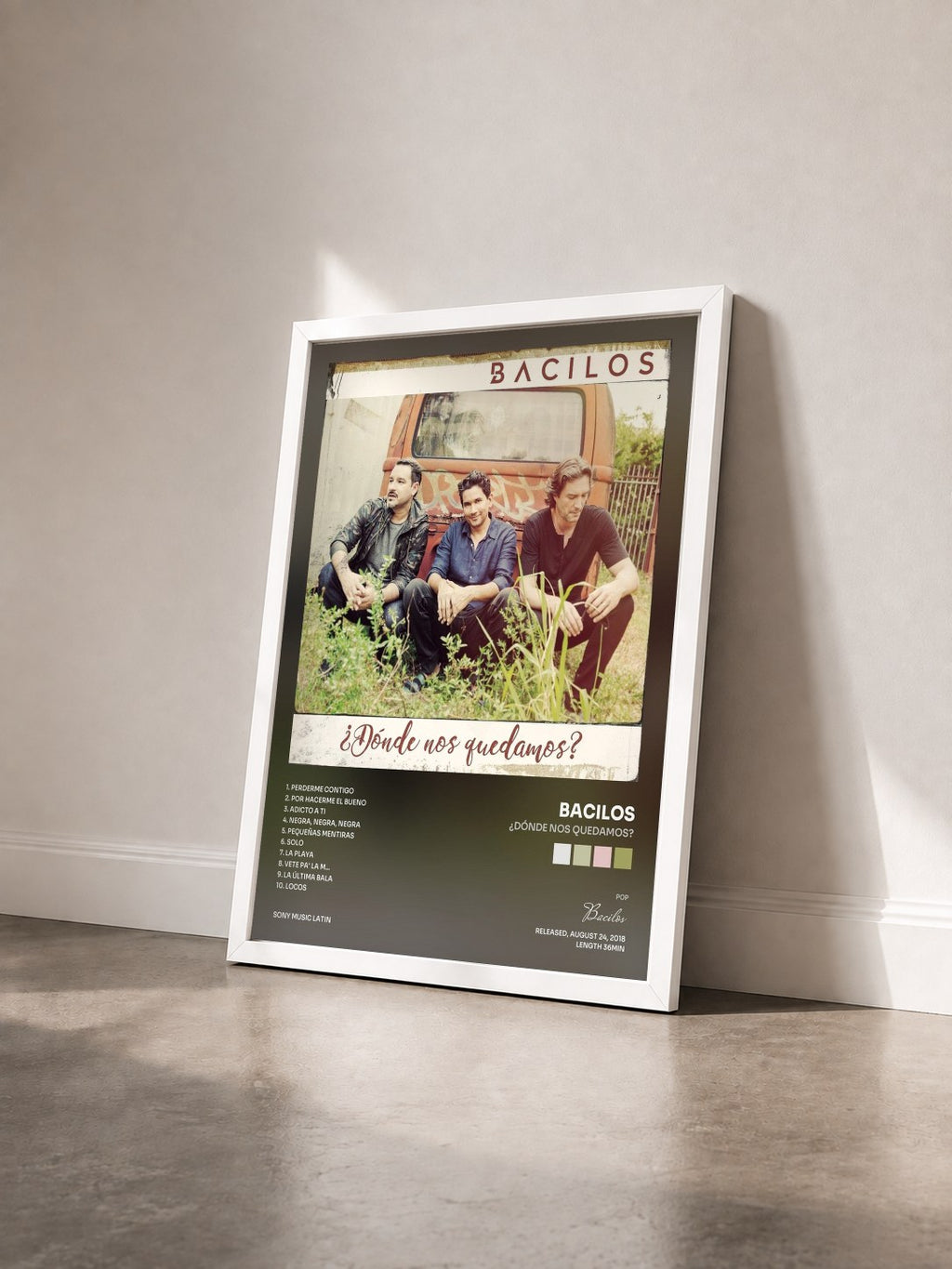 #blanc Tableau de l'album ¿Dónde Nos Quedamos? de Bacilos vu de trois quarts, cadre blanc