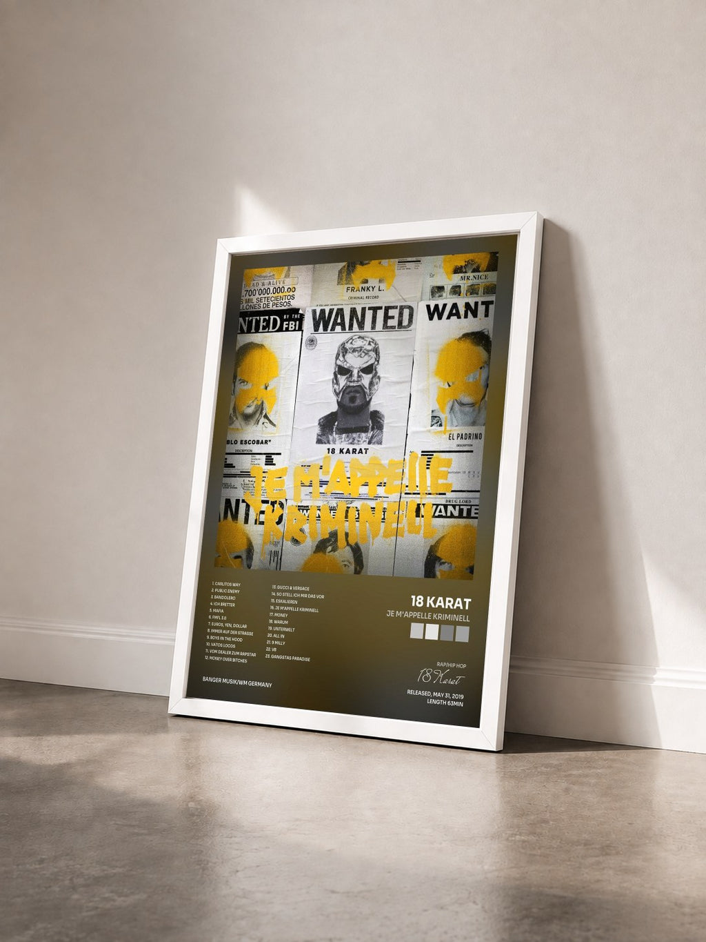 #blanc Tableau de l'album Je m'appelle Kriminell de 18 Karat vu de trois quarts, cadre blanc