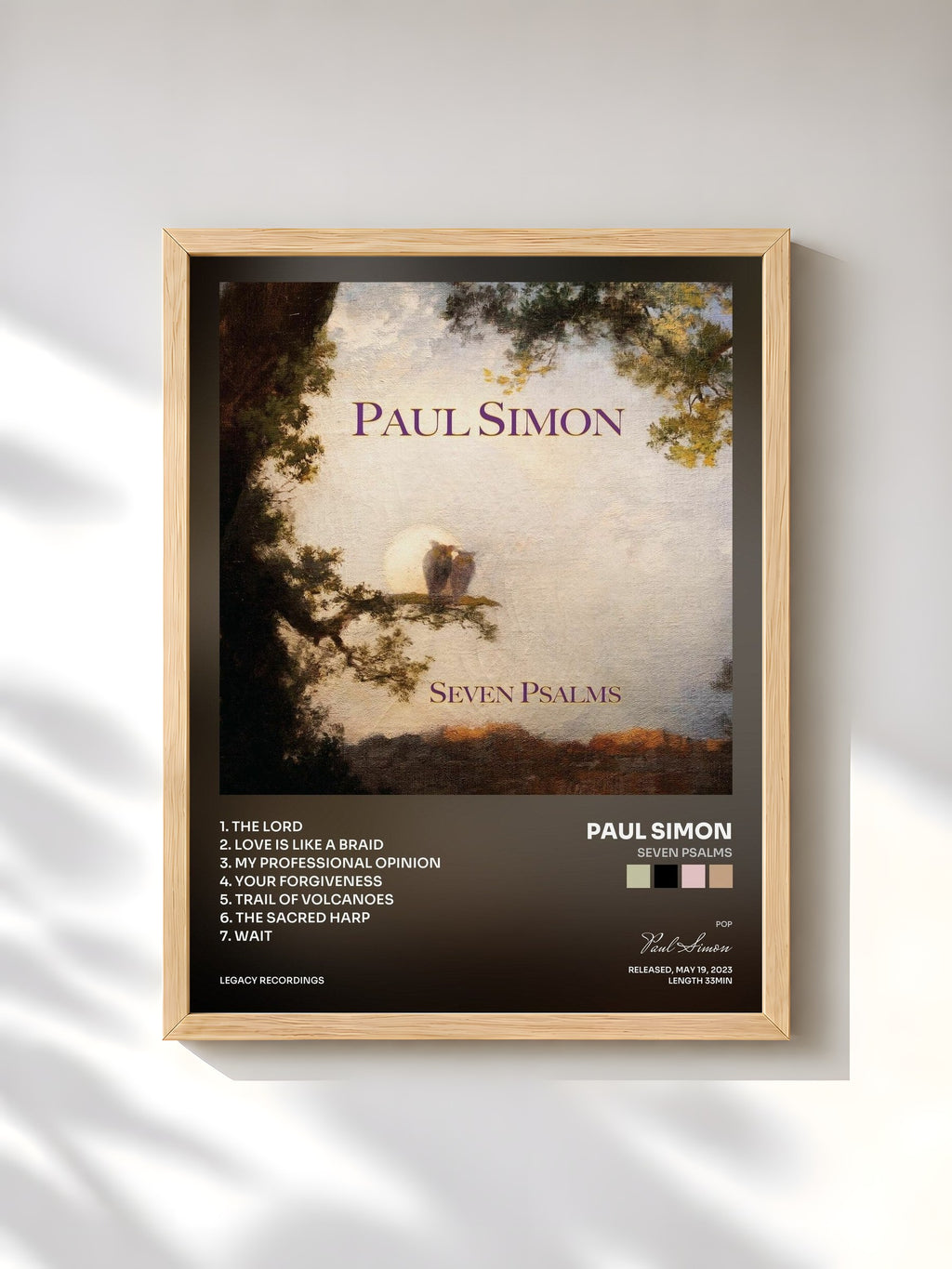 #bois Tableau de l'album Seven Psalms de Paul Simon, cadre en bois brut, imprimé et encadré en France