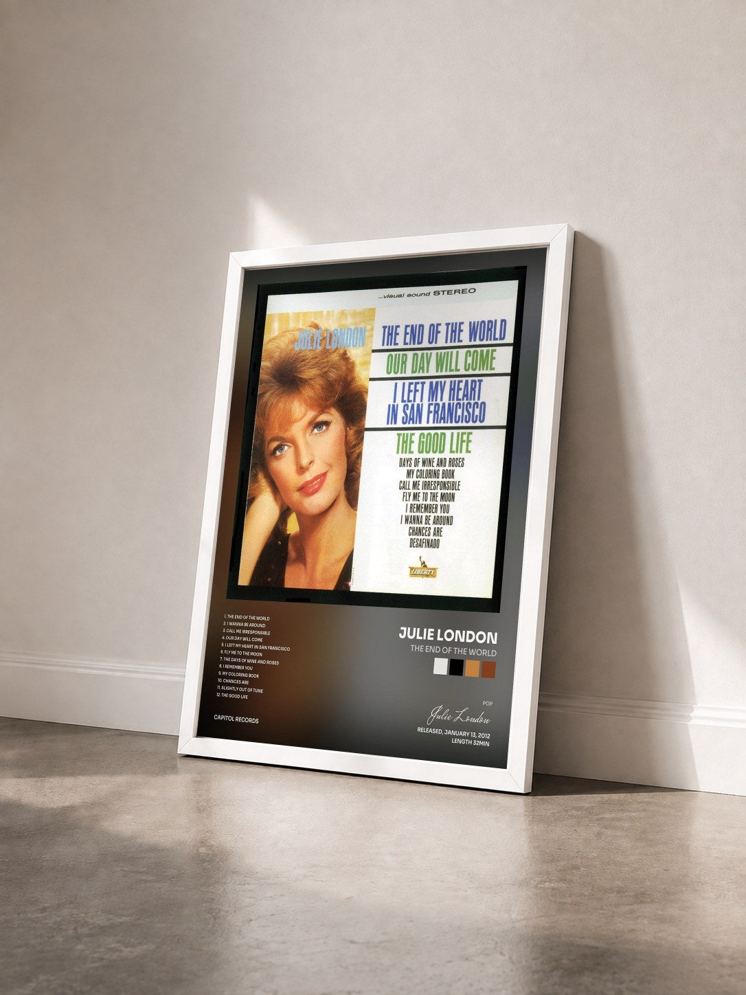 #blanc Tableau de l'album The End Of The World de Julie London vu de trois quarts, cadre blanc