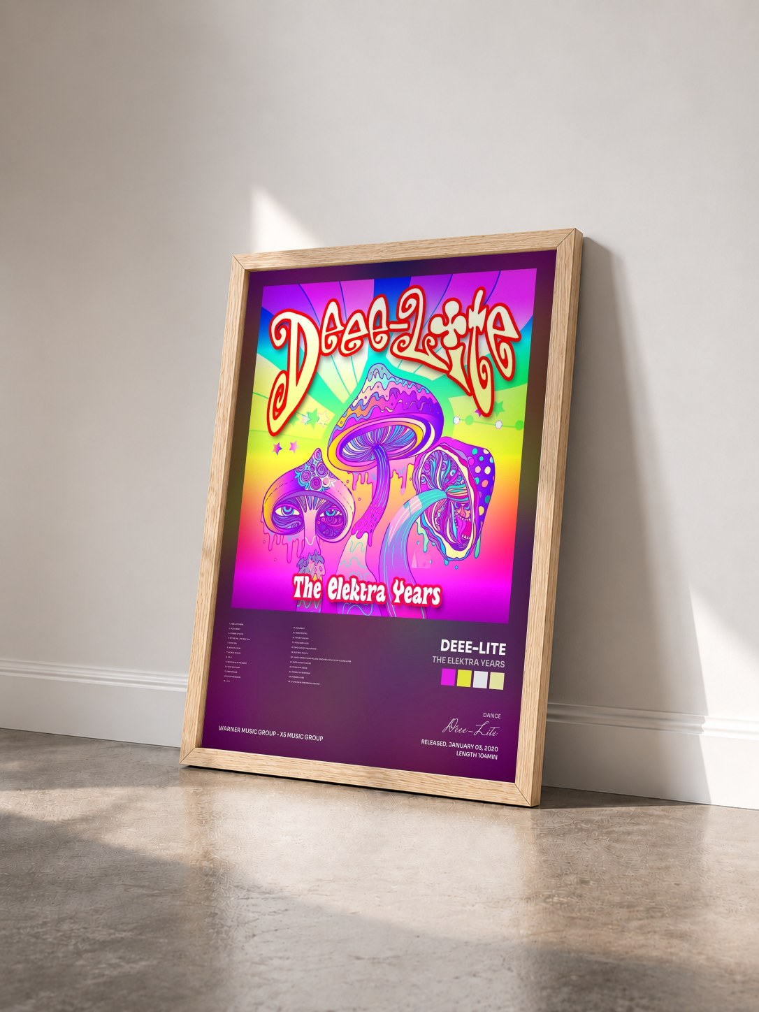#bois Tableau de l'album The Elektra Years de Deee-Lite vu de trois quarts, cadre en bois brut