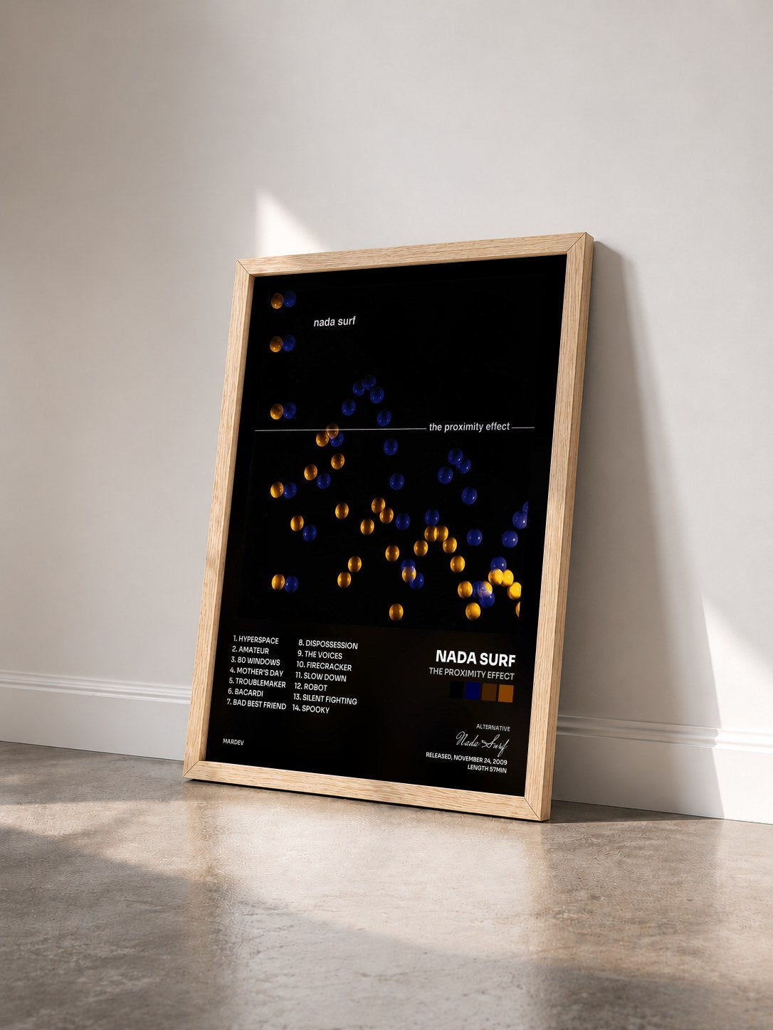 #bois Tableau de l'album The Proximity Effect de Nada Surf vu de trois quarts, cadre en bois brut