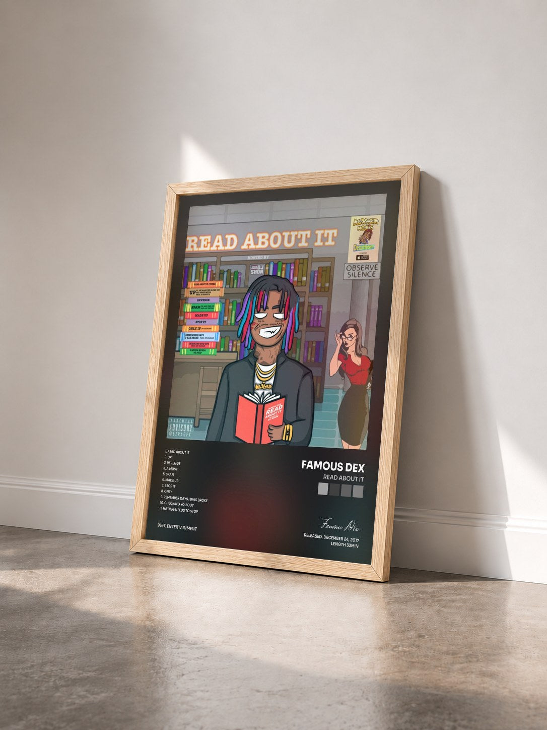 #bois Tableau de l'album Read About It de Famous Dex vu de trois quarts, cadre en bois brut