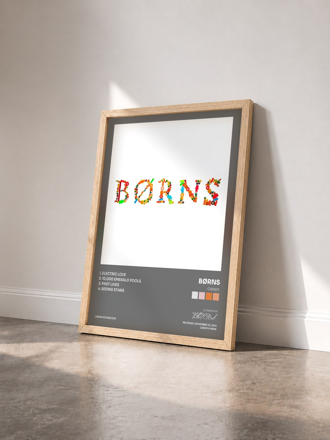 #bois Tableau de l'album Candy de BØRNS vu de trois quarts, cadre en bois brut