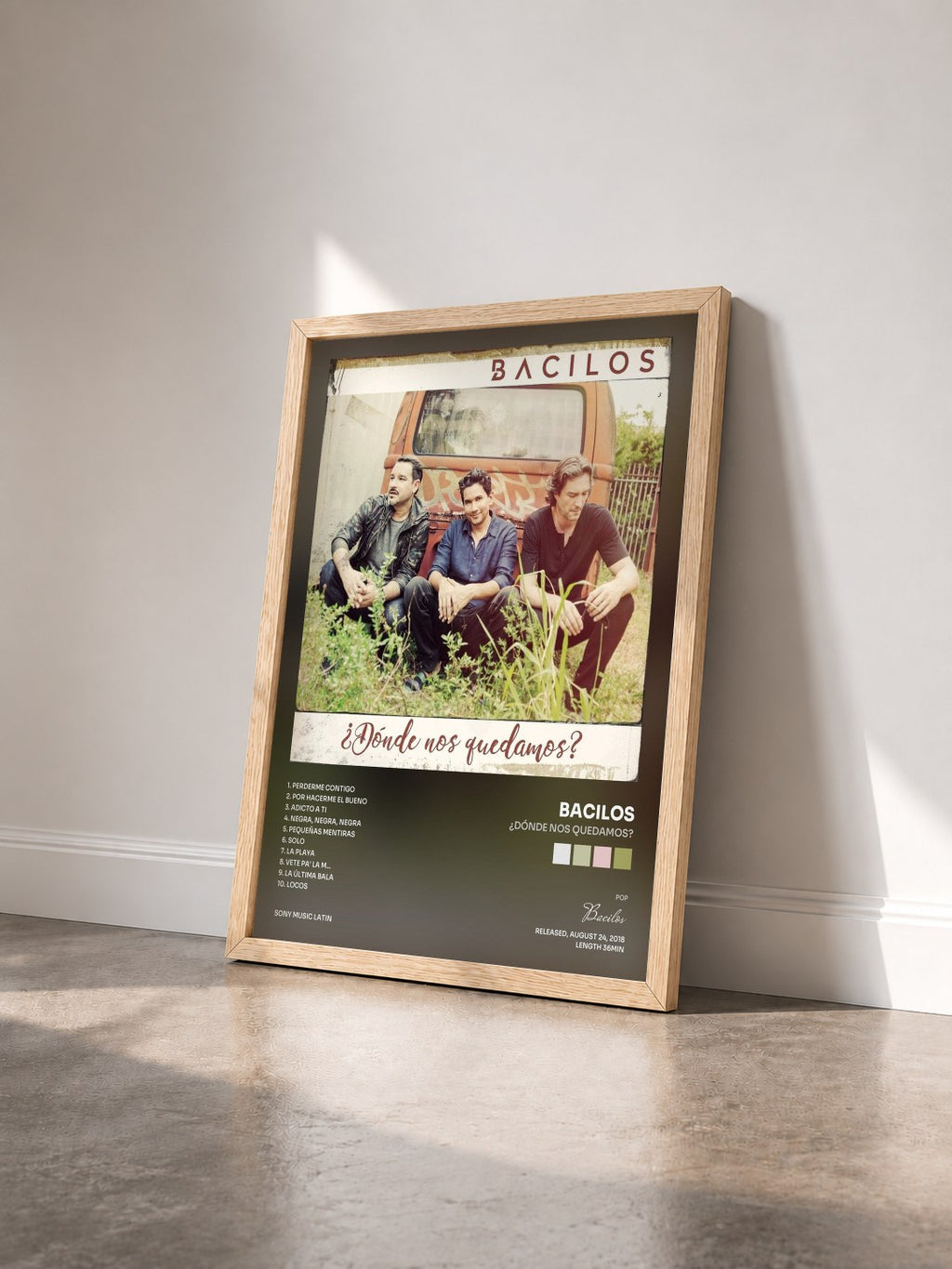 #bois Tableau de l'album ¿Dónde Nos Quedamos? de Bacilos vu de trois quarts, cadre en bois brut