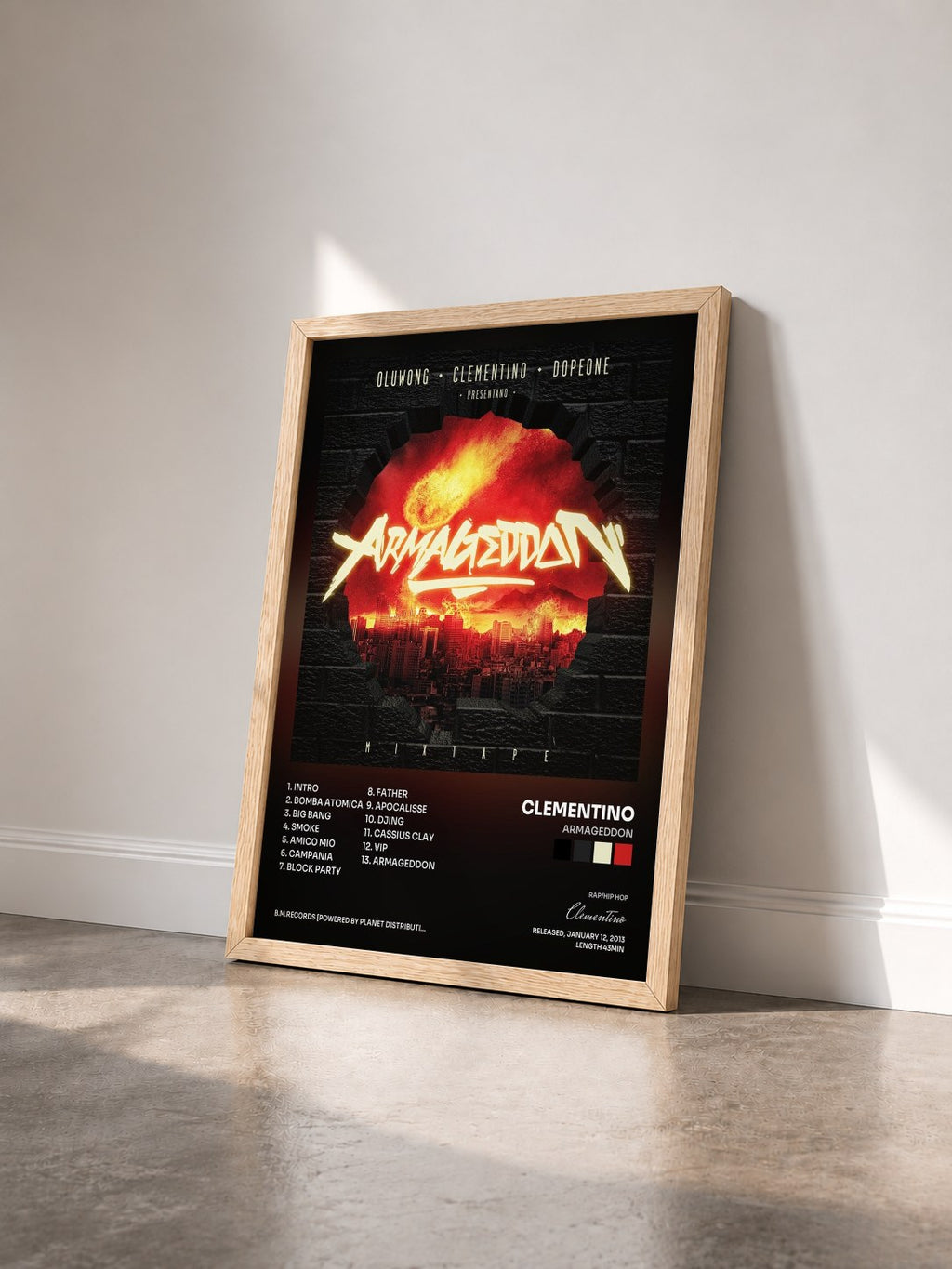 #bois Tableau de l'album Armageddon de Clementino vu de trois quarts, cadre en bois brut