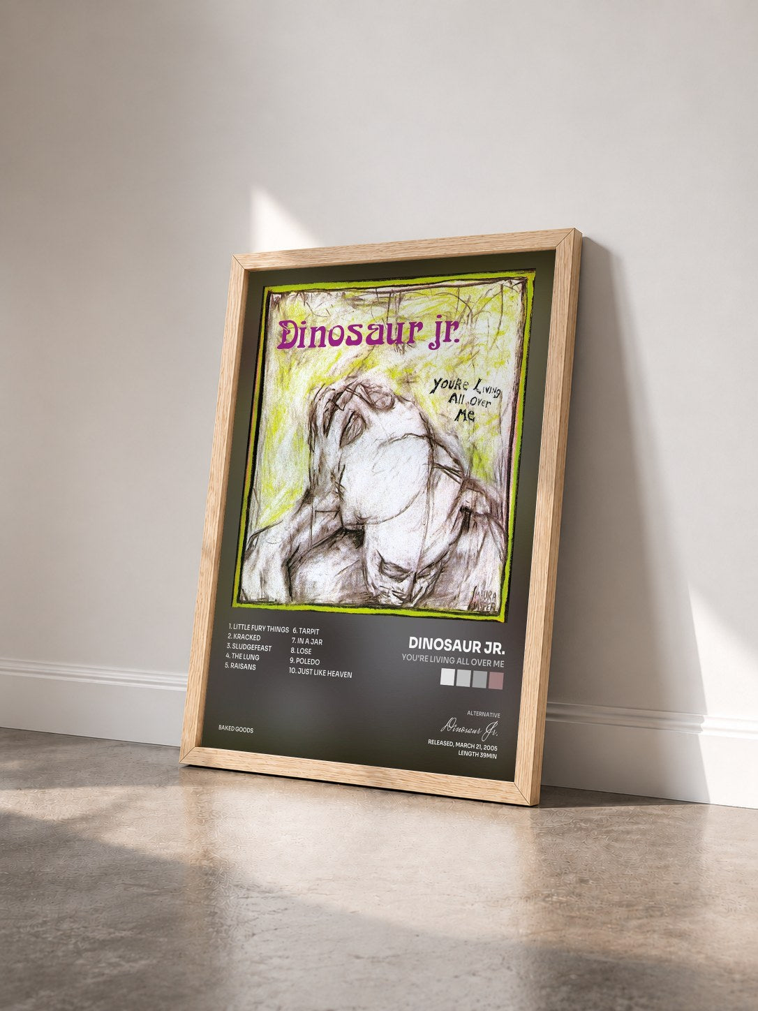#bois Tableau de l'album You're Living All Over Me de Dinosaur Jr. vu de trois quarts, cadre en bois brut