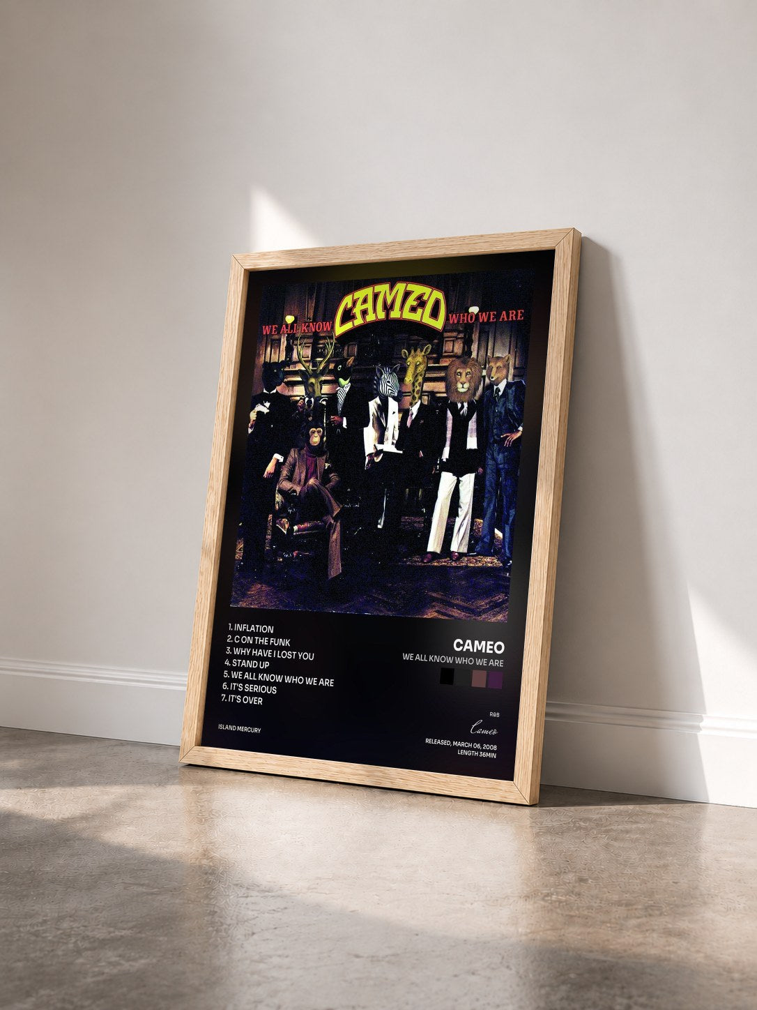 #bois Tableau de l'album We All Know Who We Are de Cameo vu de trois quarts, cadre en bois brut