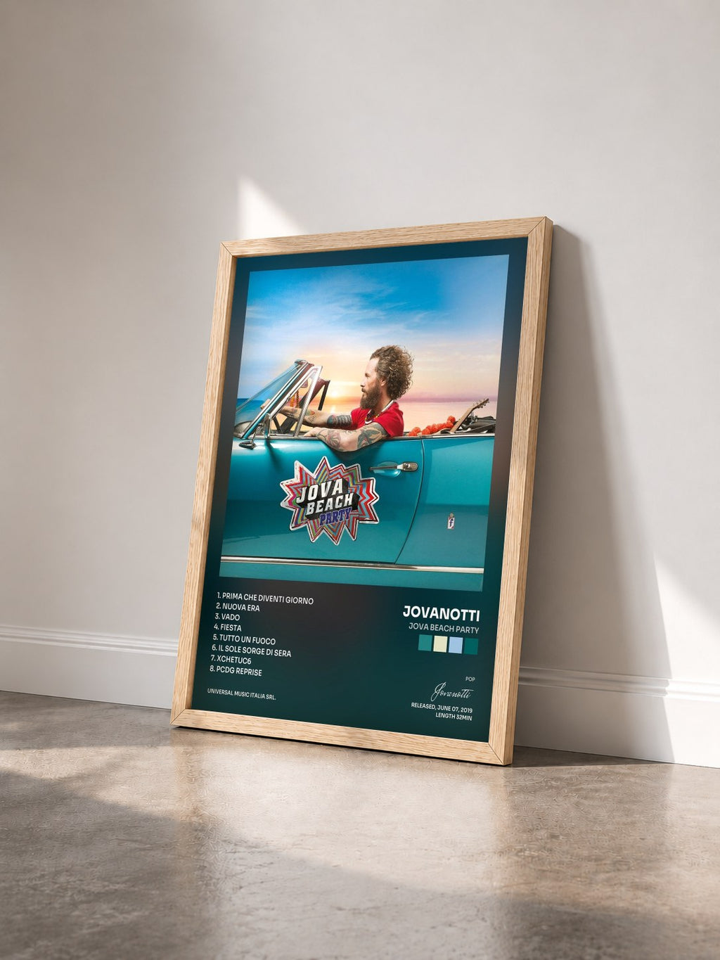 #bois Tableau de l'album Jova Beach Party de Jovanotti vu de trois quarts, cadre en bois brut