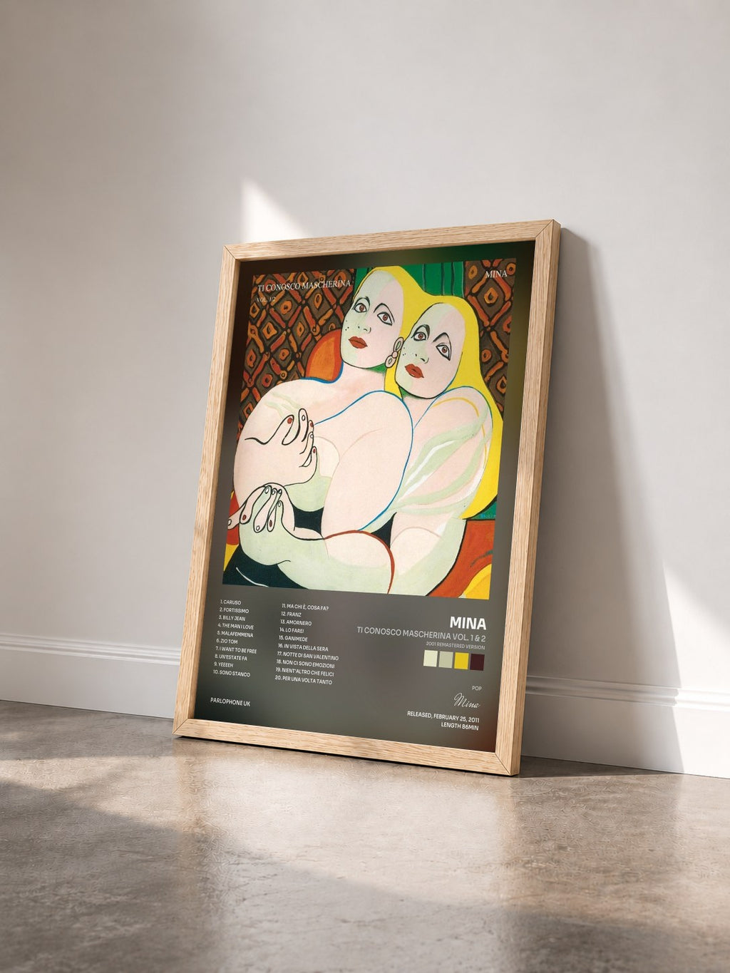 #bois Tableau de l'album Ti conosco mascherina Vol. 1 & 2 (2001 Remastered Version) de Mina vu de trois quarts, cadre en bois brut