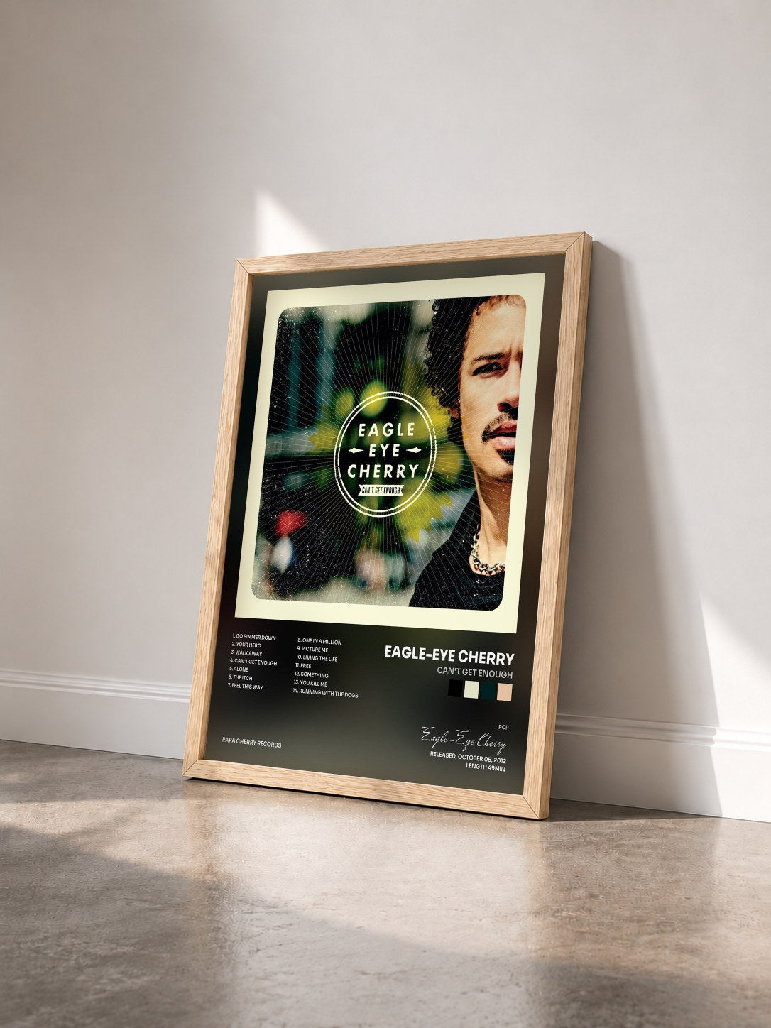 #bois Tableau de l'album Can't Get Enough de Eagle-Eye Cherry vu de trois quarts, cadre en bois brut
