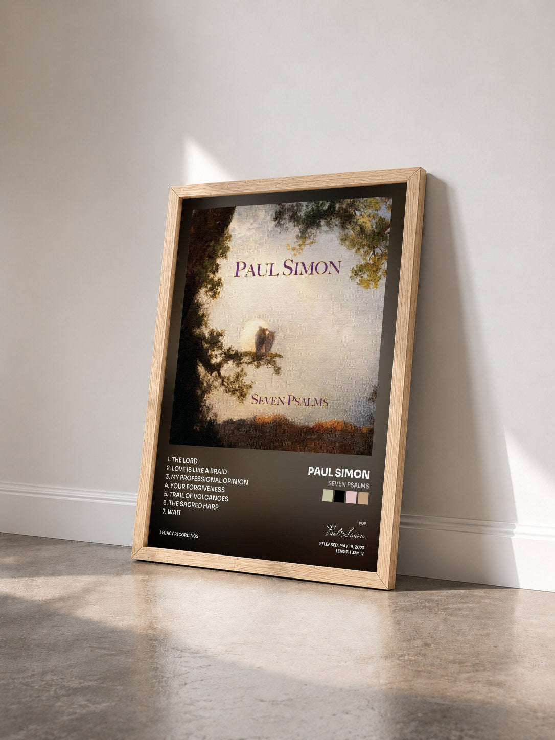 #bois Tableau de l'album Seven Psalms de Paul Simon vu de trois quarts, cadre en bois brut