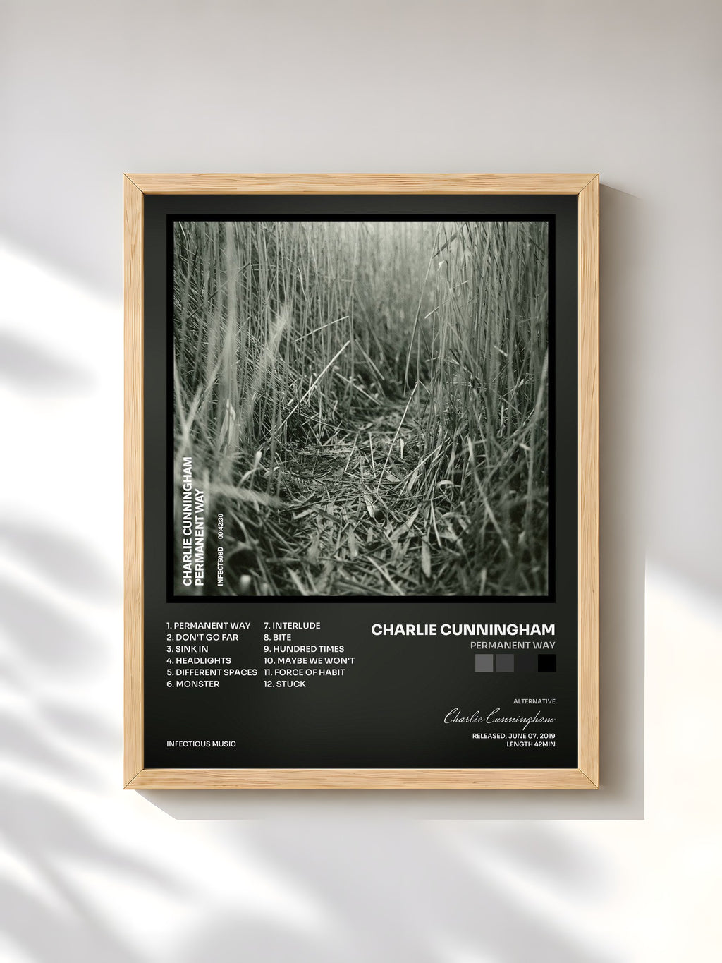 #bois Tableau de l'album Permanent Way de Charlie Cunningham, cadre en bois brut, imprimé et encadré en France