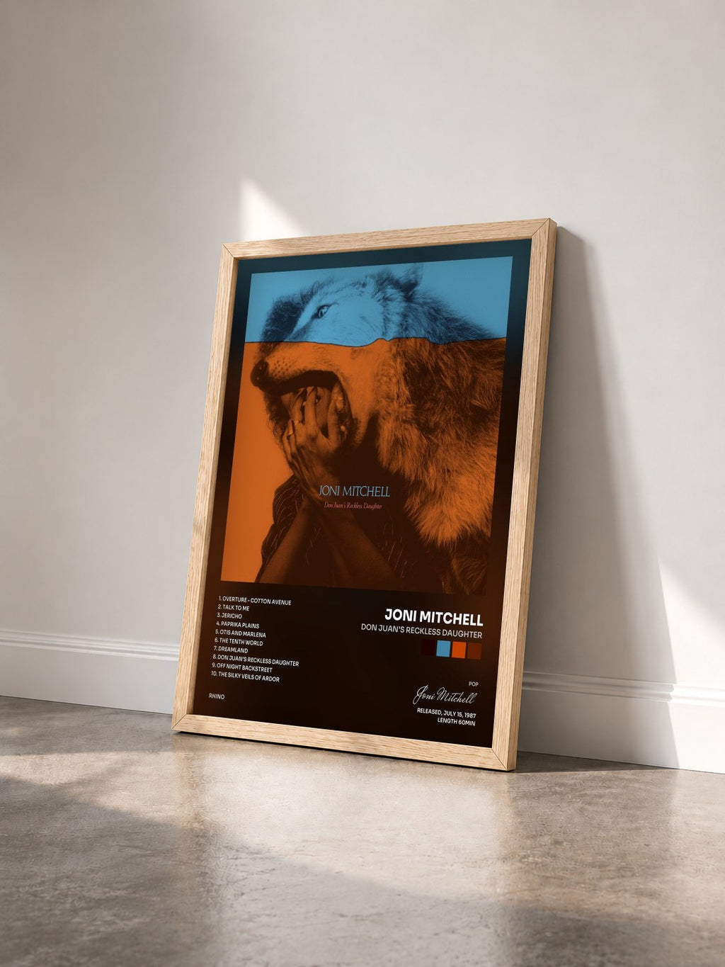#bois Tableau de l'album Don Juan's Reckless Daughter de Joni Mitchell vu de trois quarts, cadre en bois brut