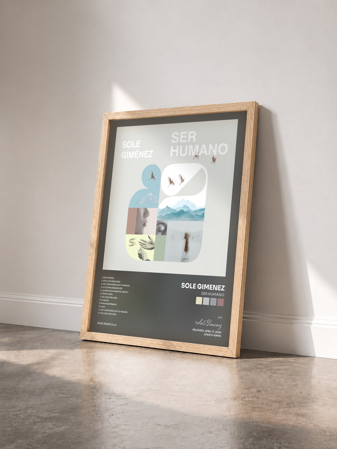 #bois Tableau de l'album Ser Humano de Sole Gimenez vu de trois quarts, cadre en bois brut