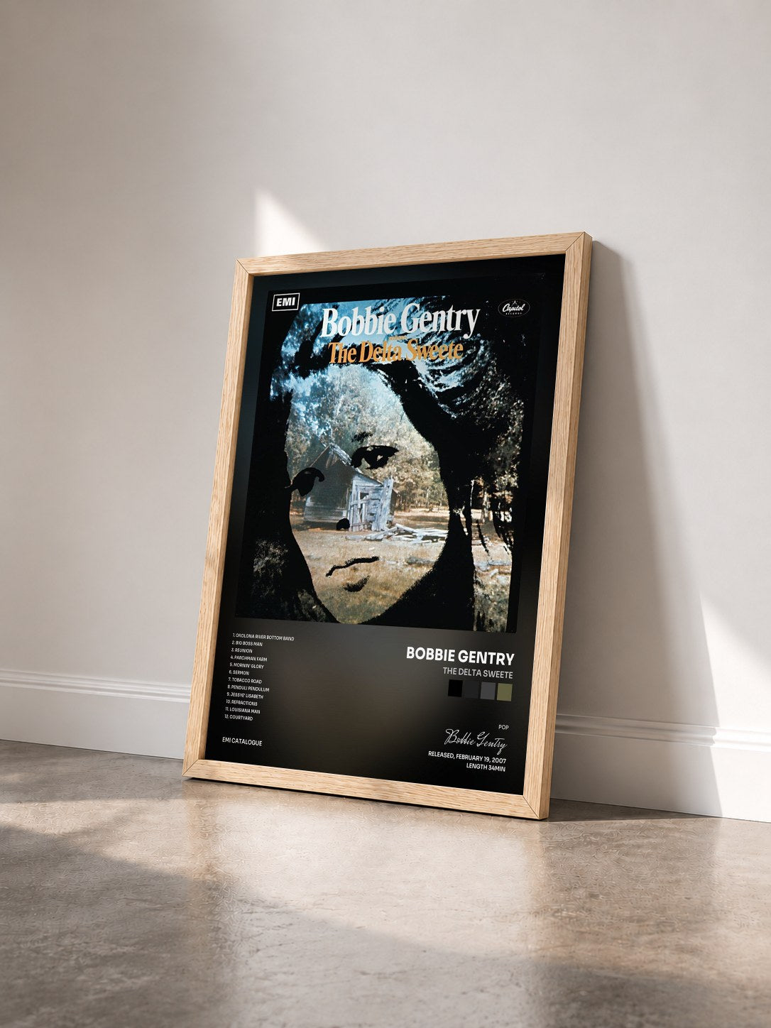 #bois Tableau de l'album The Delta Sweete de Bobbie Gentry vu de trois quarts, cadre en bois brut