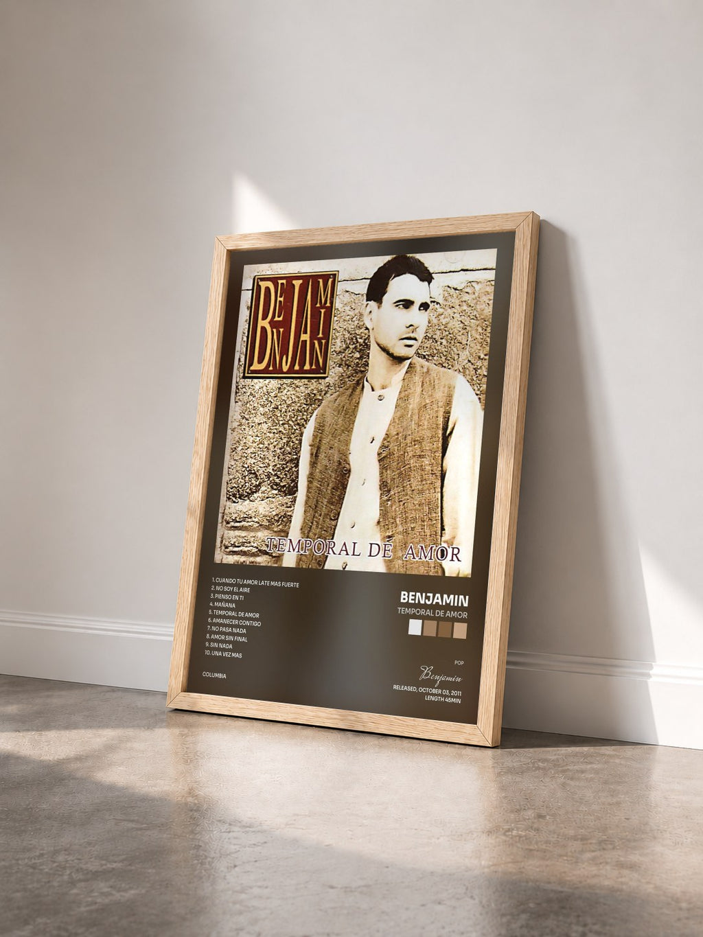 #bois Tableau de l'album Temporal De Amor de Benjamin vu de trois quarts, cadre en bois brut