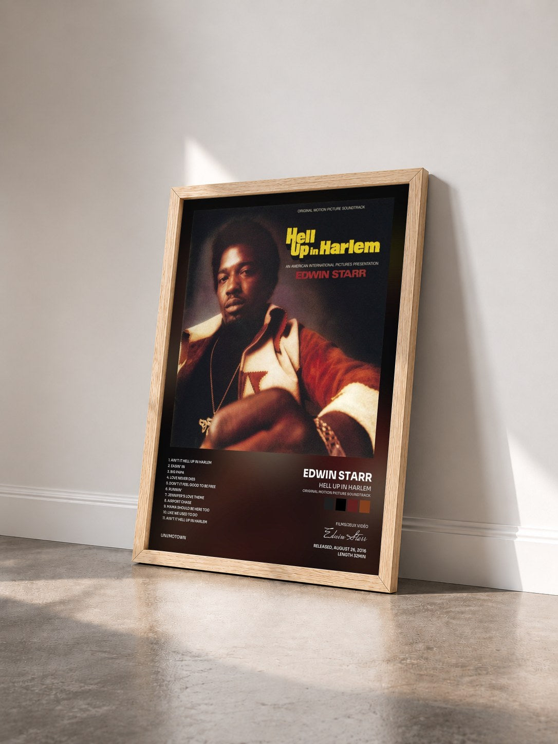 #bois Tableau de l'album Hell Up In Harlem (Original Motion Picture Soundtrack) de Edwin Starr vu de trois quarts, cadre en bois brut