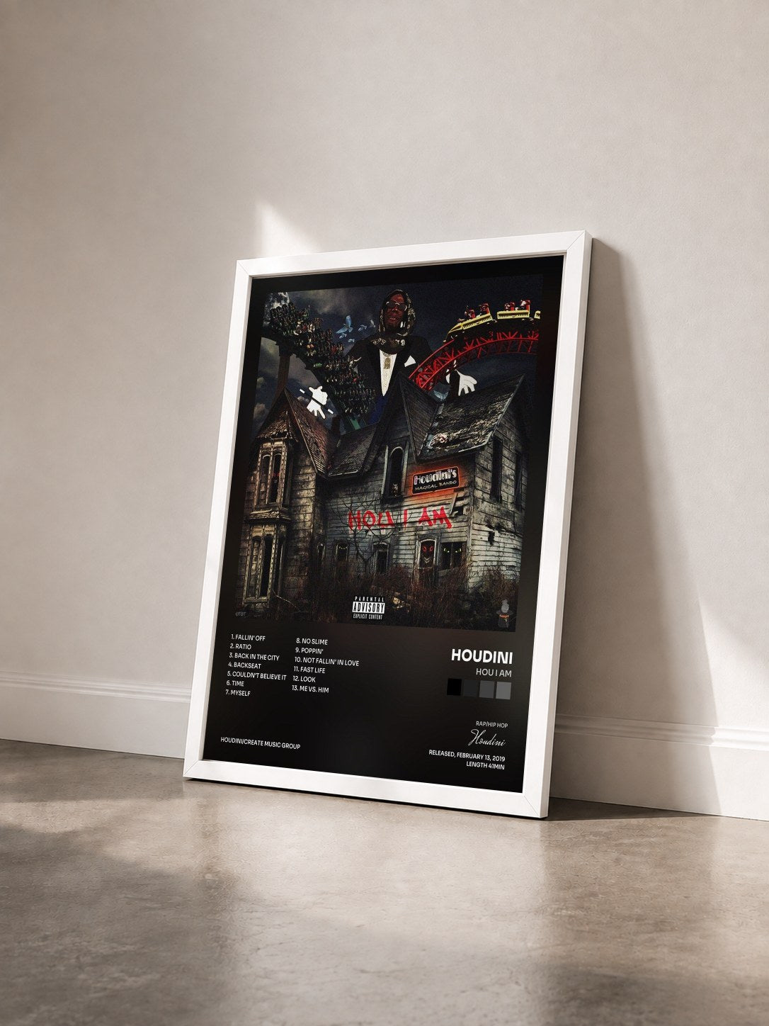 #blanc Tableau de l'album HOU I AM de Houdini vu de trois quarts, cadre blanc