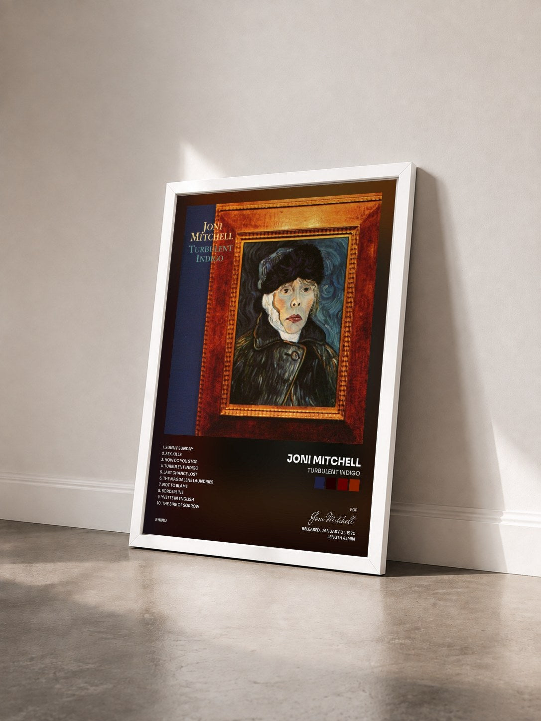 #blanc Tableau de l'album Turbulent Indigo de Joni Mitchell vu de trois quarts, cadre blanc
