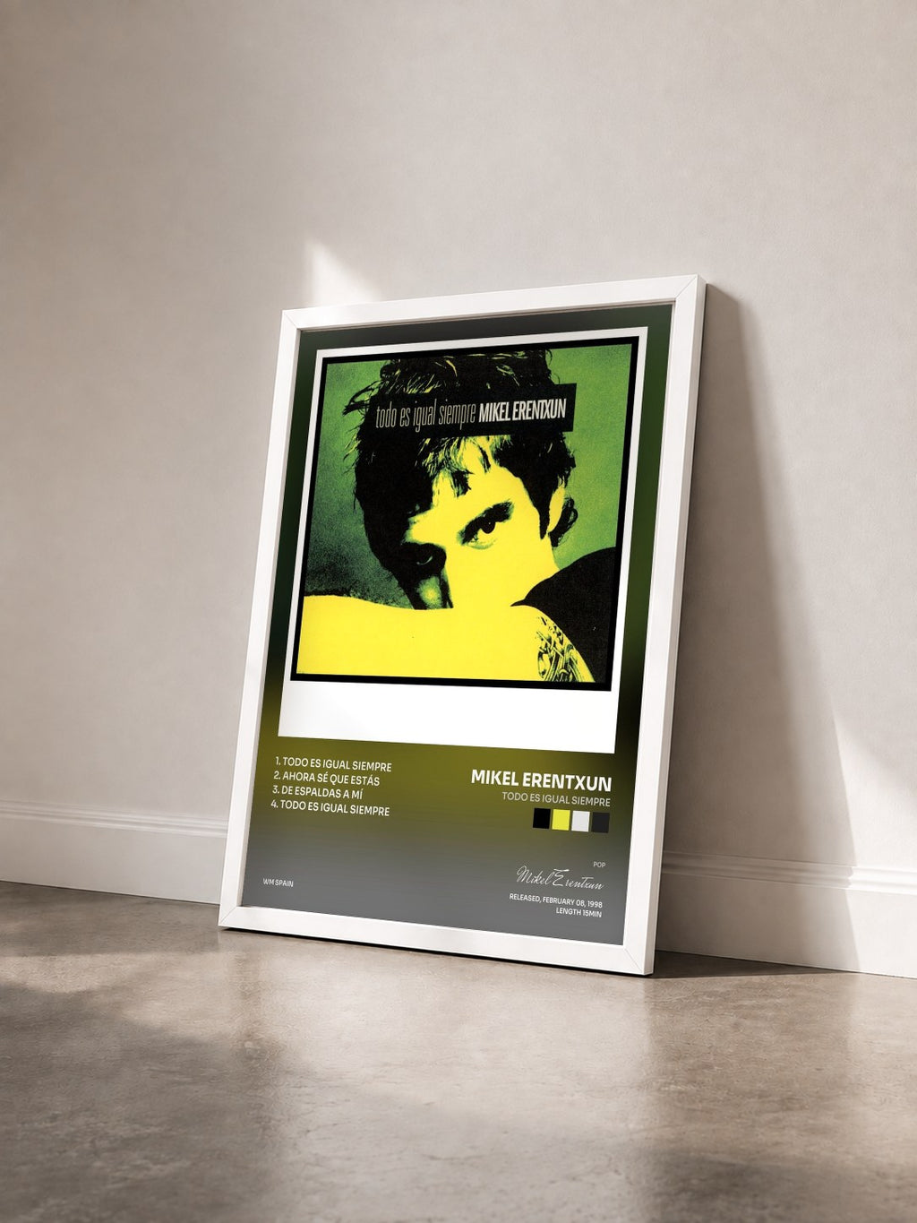#blanc Tableau de l'album Todo Es Igual Siempre de Mikel Erentxun vu de trois quarts, cadre blanc