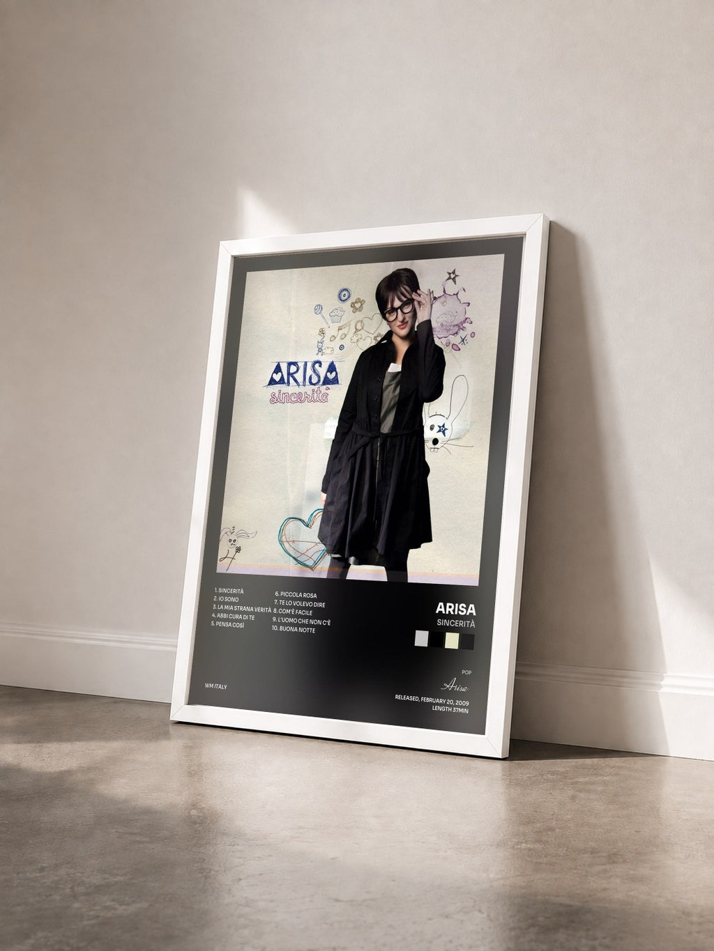 #blanc Tableau de l'album Sincerità de Arisa vu de trois quarts, cadre blanc
