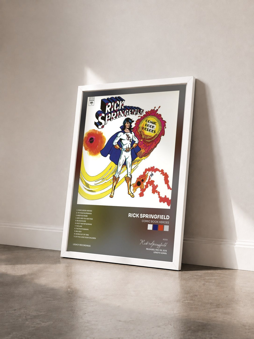 #blanc Tableau de l'album Comic Book Heroes de Rick Springfield vu de trois quarts, cadre blanc