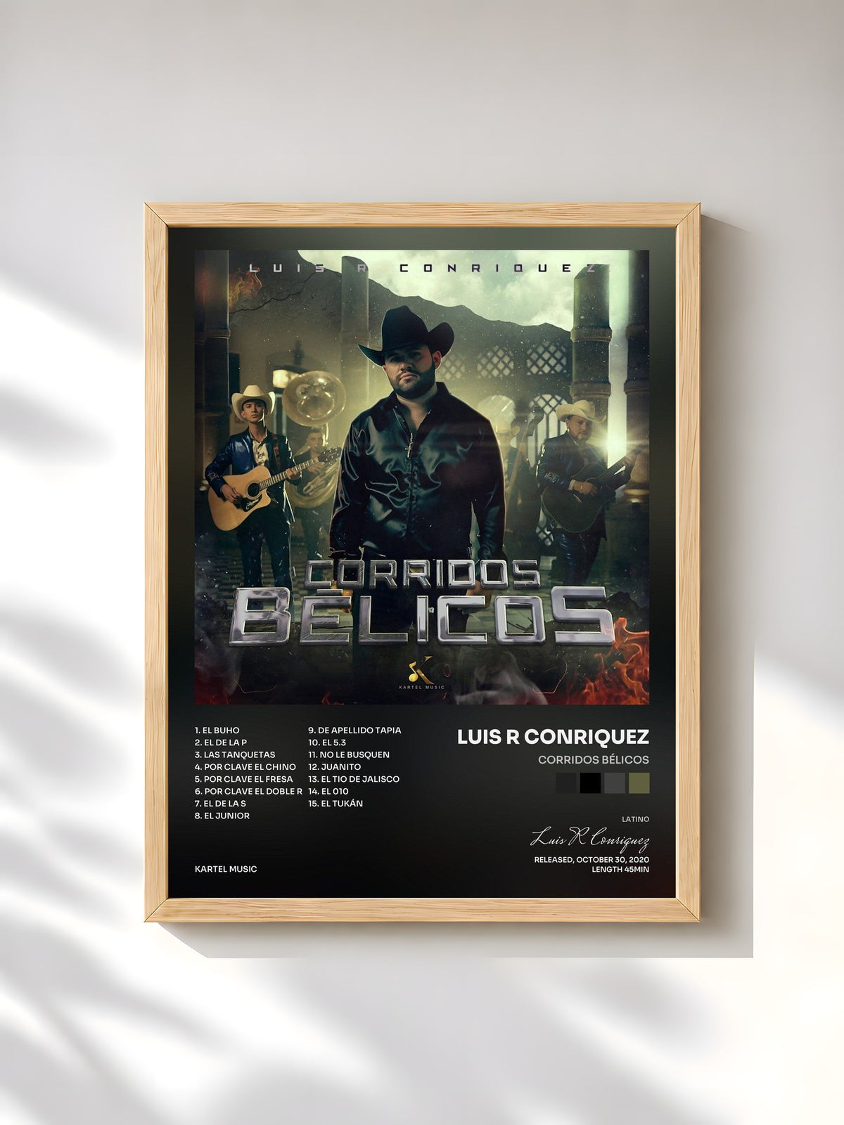 #bois Tableau de l'album Corridos Bélicos de Luis R Conriquez, cadre en bois brut, imprimé et encadré en France