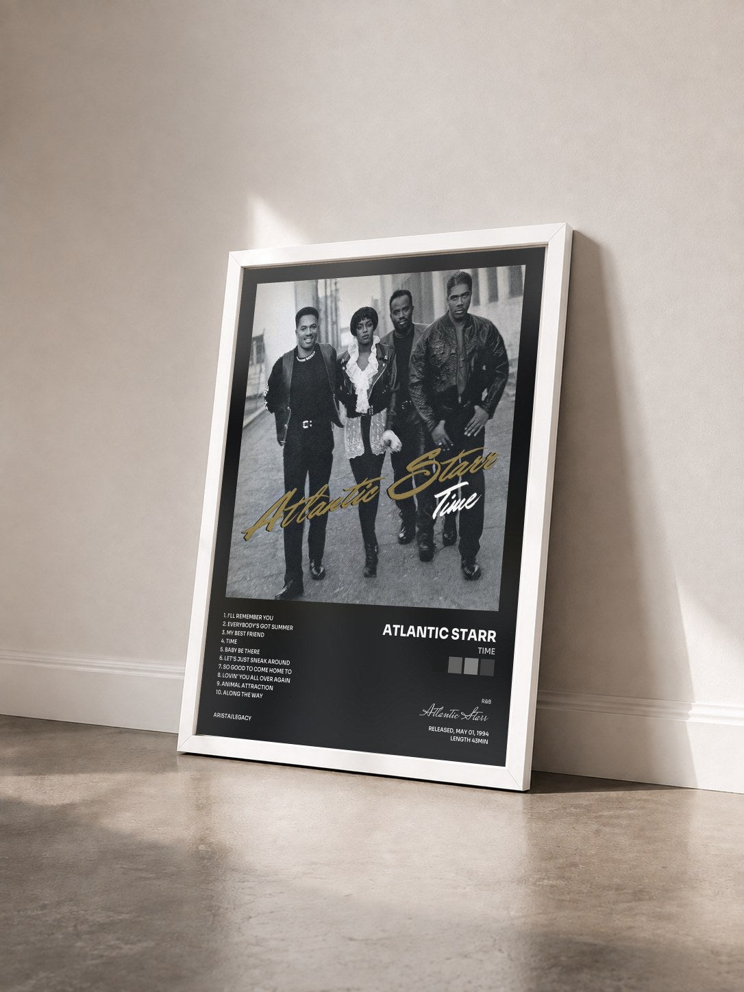 #blanc Tableau de l'album Time de Atlantic Starr vu de trois quarts, cadre blanc