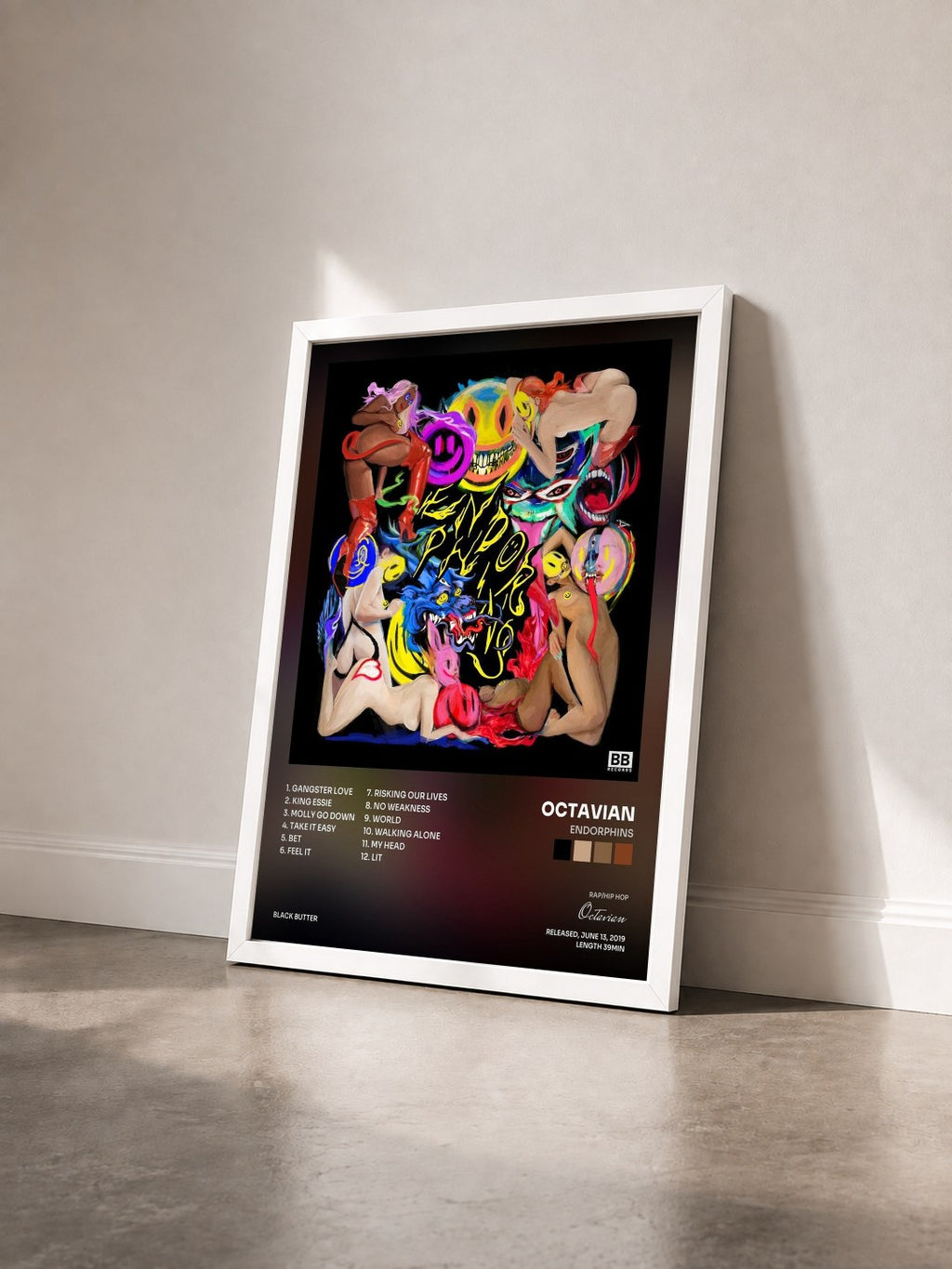 #blanc Tableau de l'album Endorphins de Octavian vu de trois quarts, cadre blanc