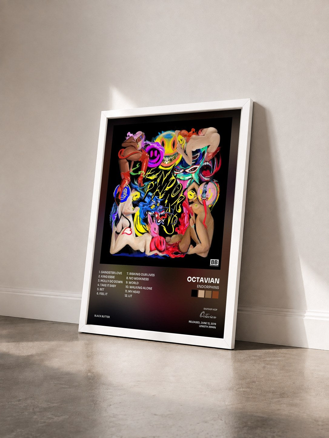 #blanc Tableau de l'album Endorphins de Octavian vu de trois quarts, cadre blanc