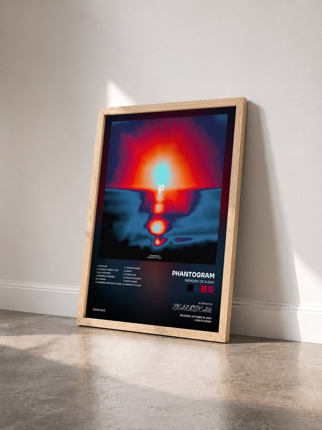 #bois Tableau de l'album Memory Of A Day de PHANTOGRAM vu de trois quarts, cadre en bois brut
